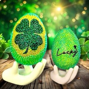 Spring Egg, Easter Green Crystal Shamrock Egg Decor, Basket/Vase Filler, Clover